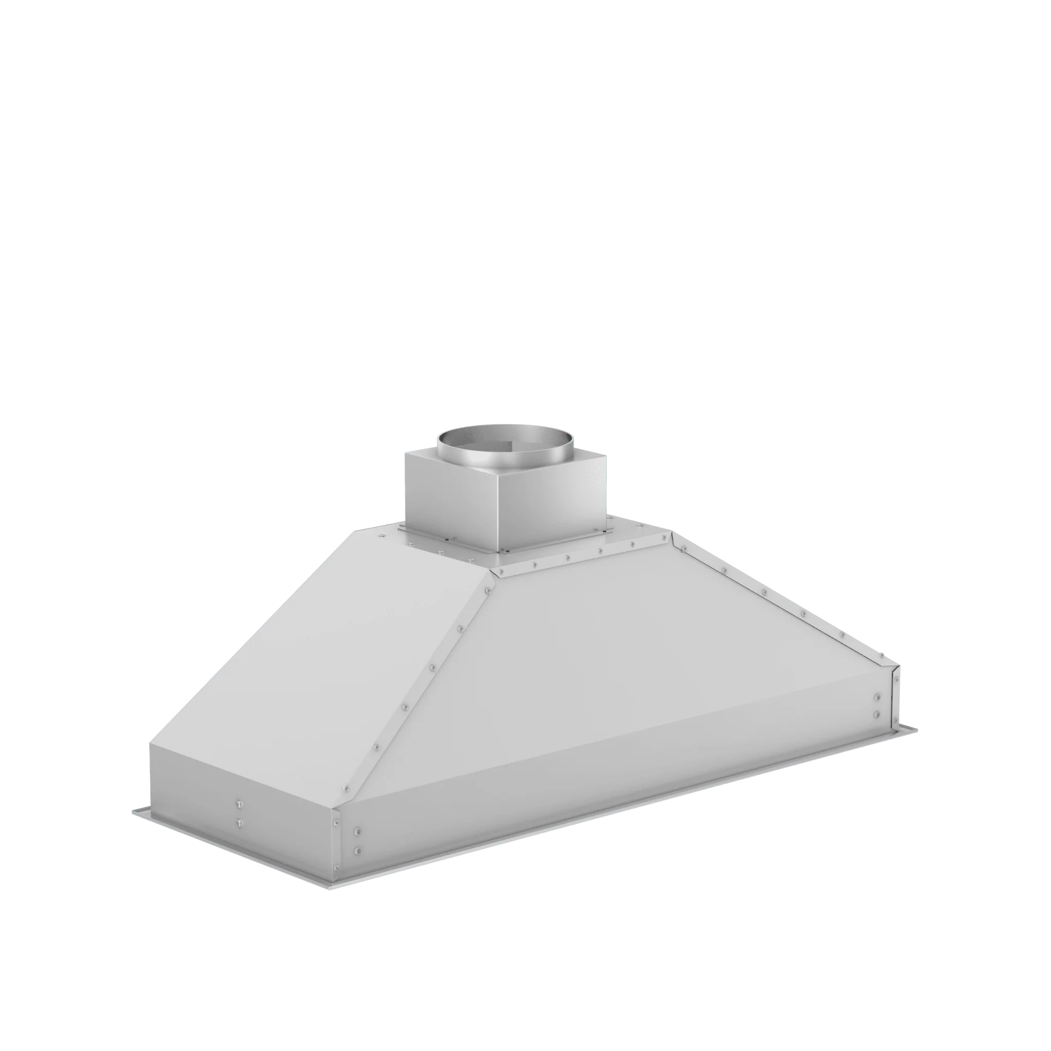 Stainless steel range hood insert with round duct collar, angled top view