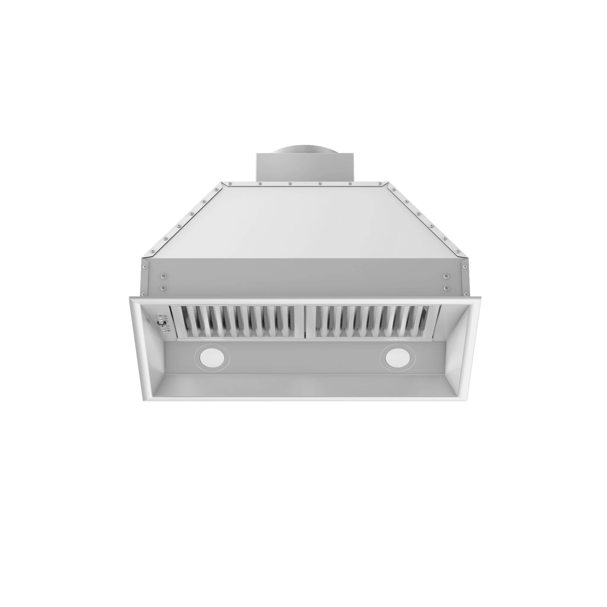 Stainless steel range hood insert, underside view with front baffle and circular vents