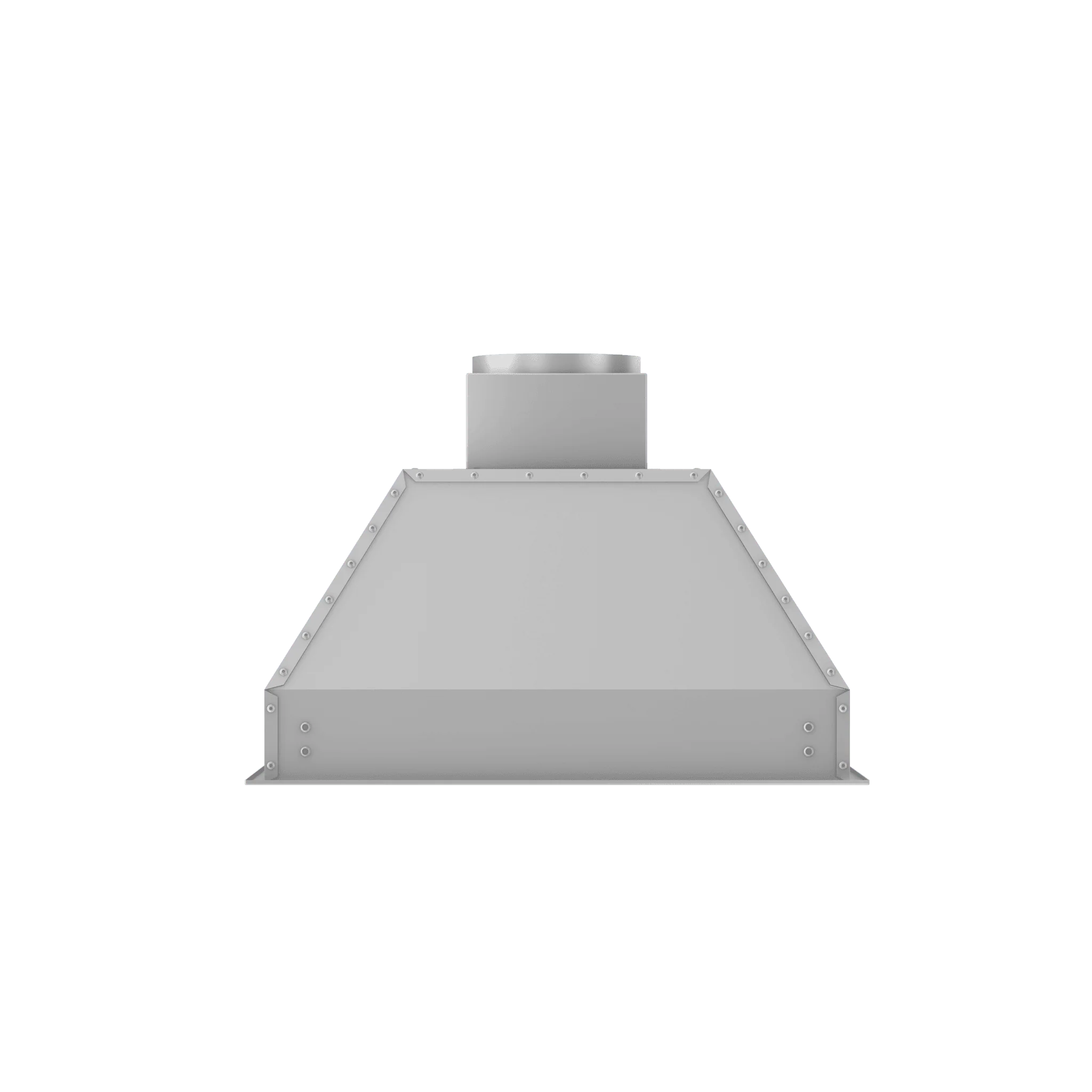 Stainless steel range hood insert with rectangular chimney and front vent opening.