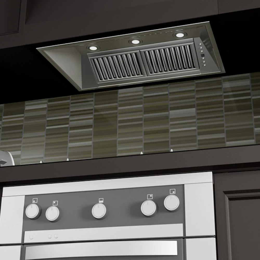 Stainless steel range hood insert with vent grille and control knobs