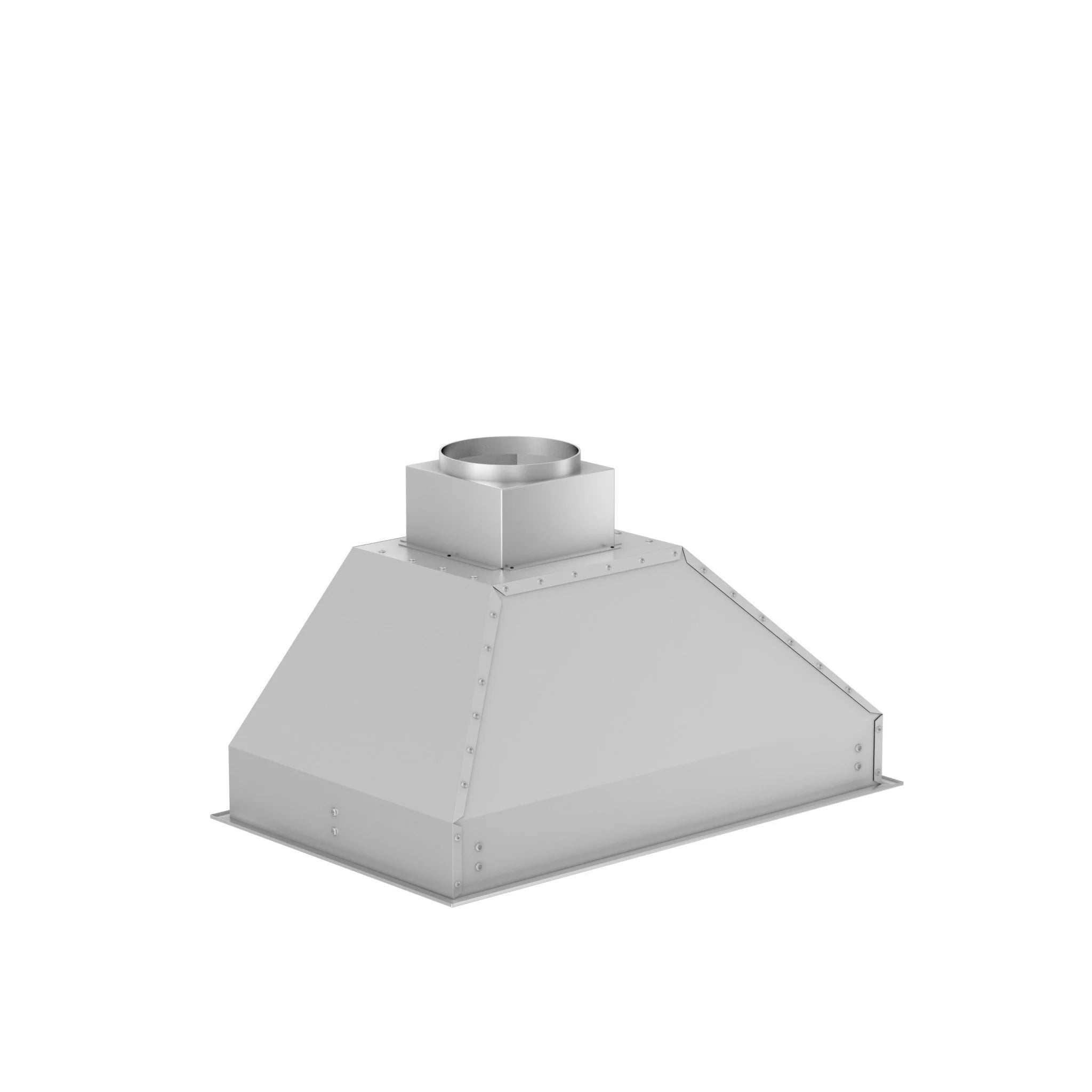 Stainless steel range hood insert with duct collar and sloped vent box