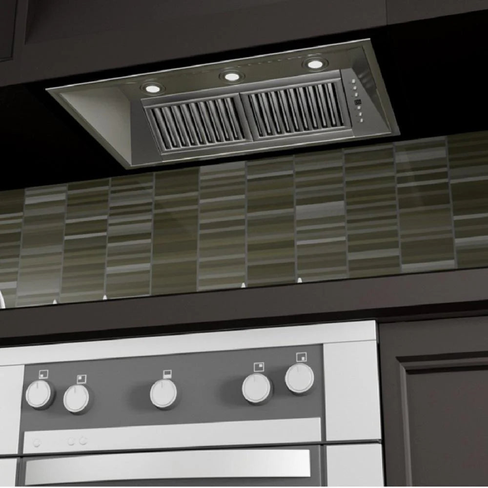 Stainless steel range hood insert with vent slats and front control knobs