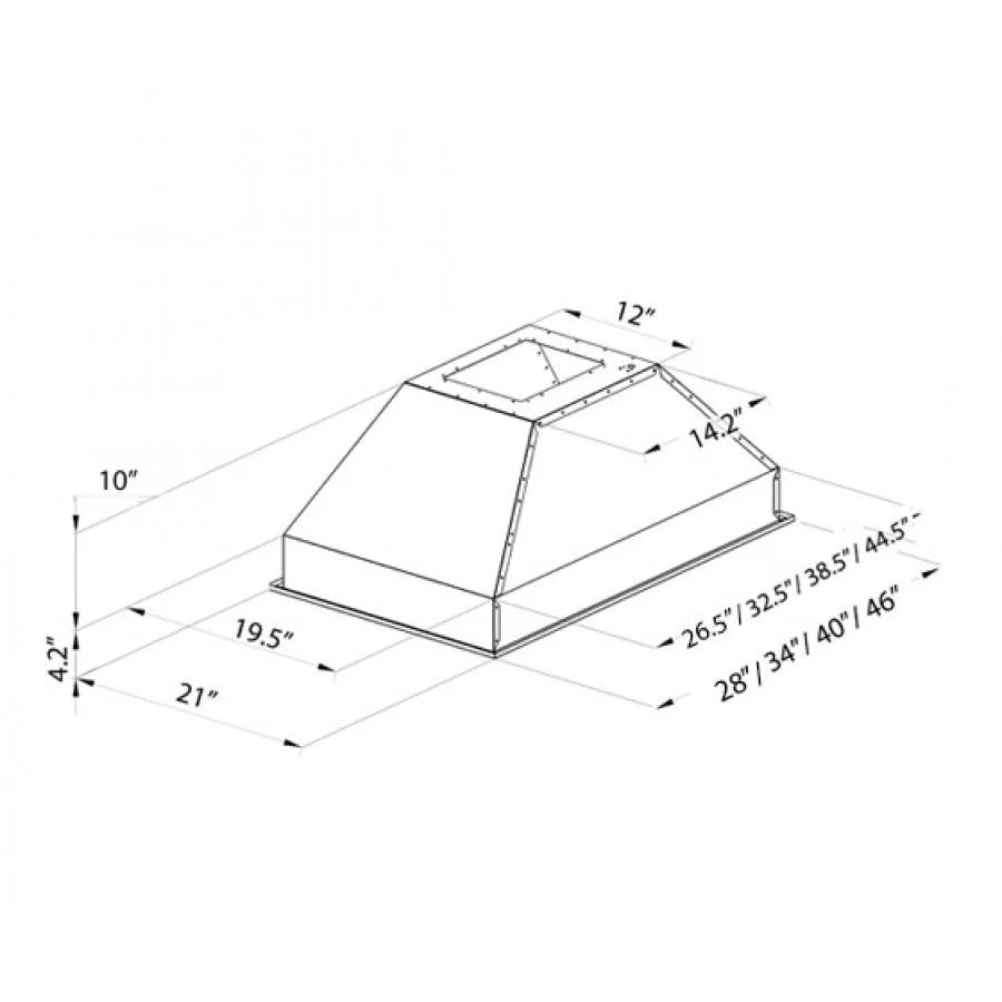 Island range hood insert size diagram with measurements and ducted chimney