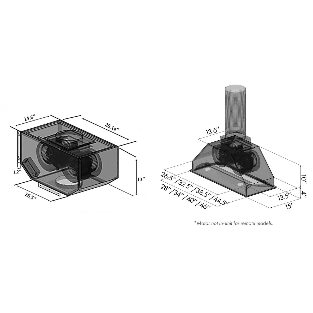 Stainless steel range hood insert with dual blowers and vertical duct collar, angled view
