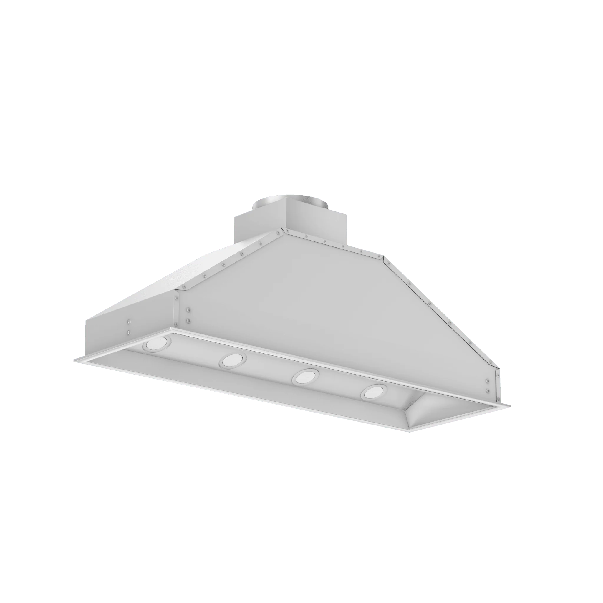 Range hood insert in light gray metal with circular fan vents and control knobs