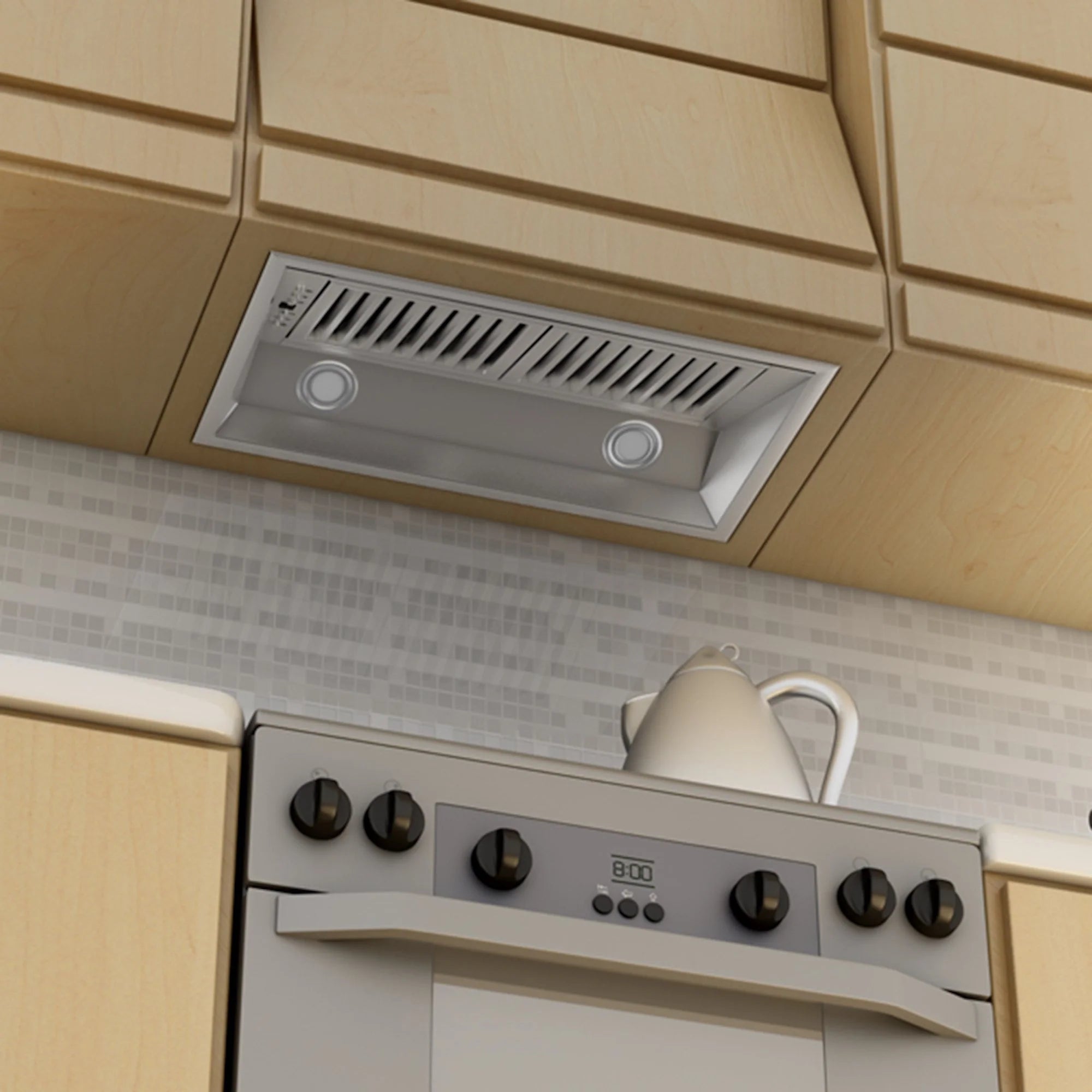 Stainless steel range hood insert with vent panel and control buttons above stove