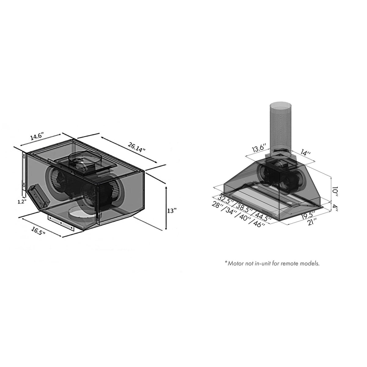 Range hood insert motor unit with labeled measurements and duct outlet