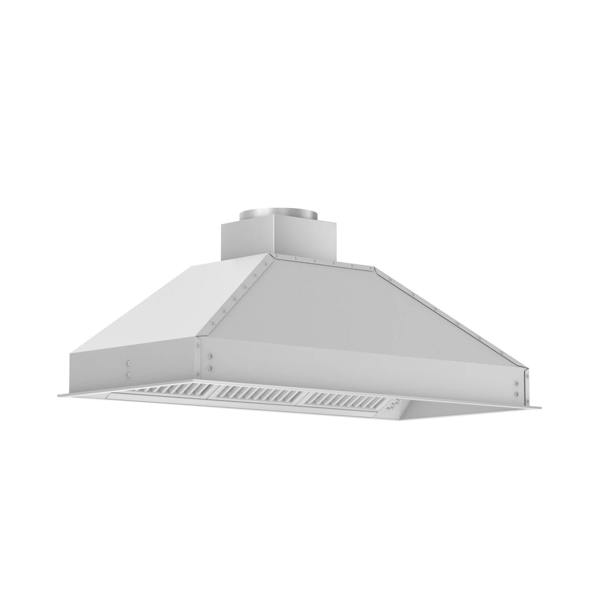 Stainless steel range hood insert front view with exhaust duct outlet