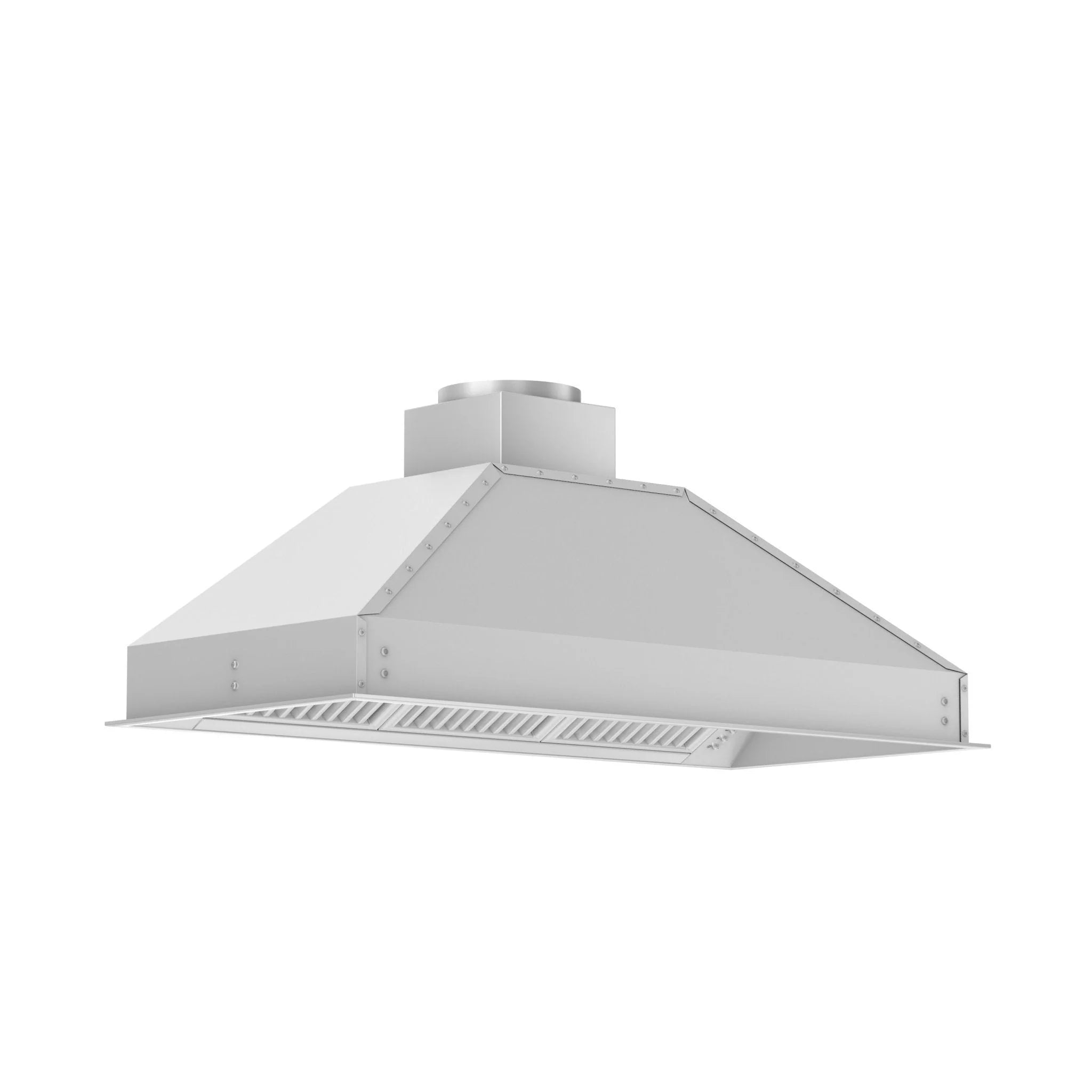 Stainless steel range hood insert side view with exhaust duct outlet