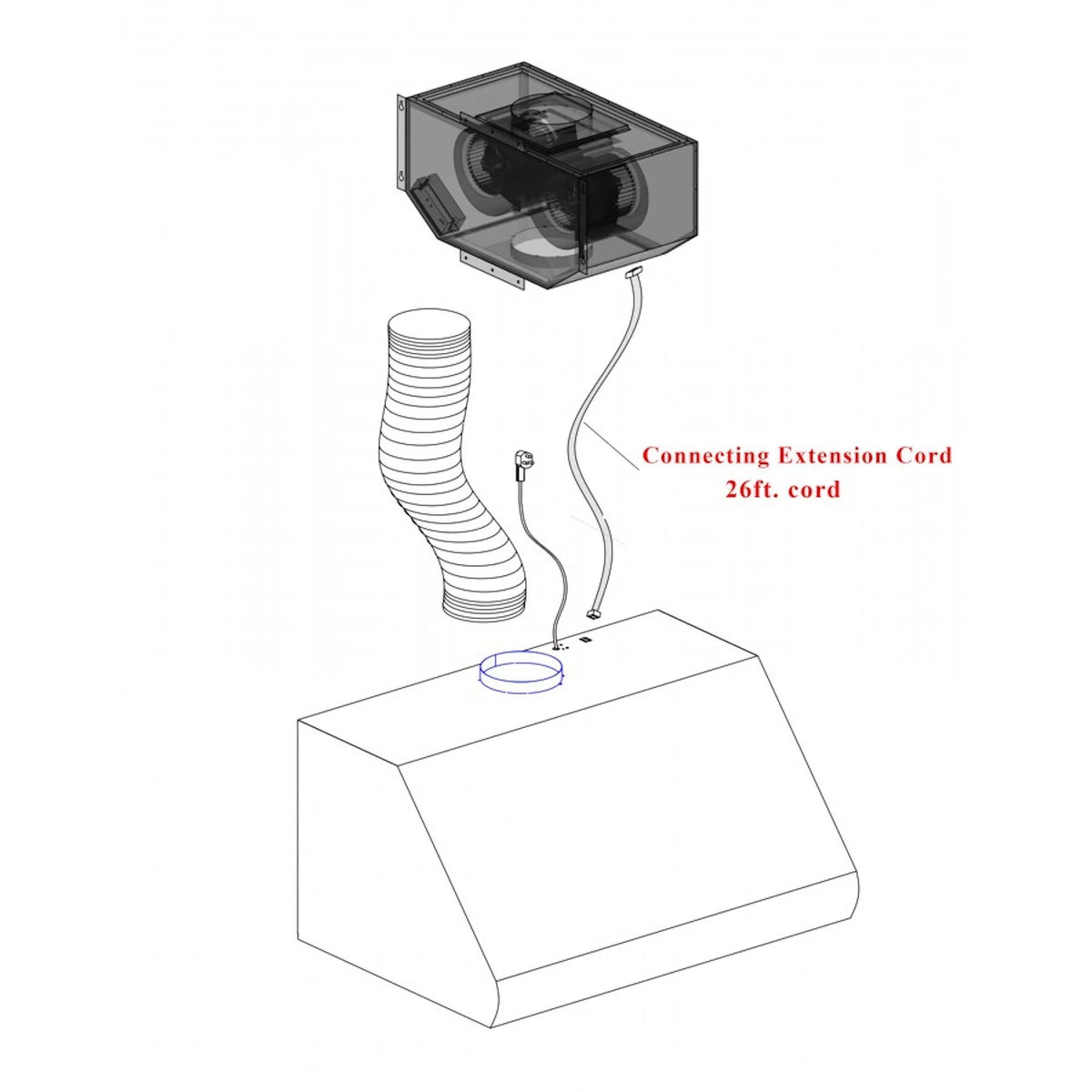 Remote blower assembly with connecting extension cord and flexible duct hose
