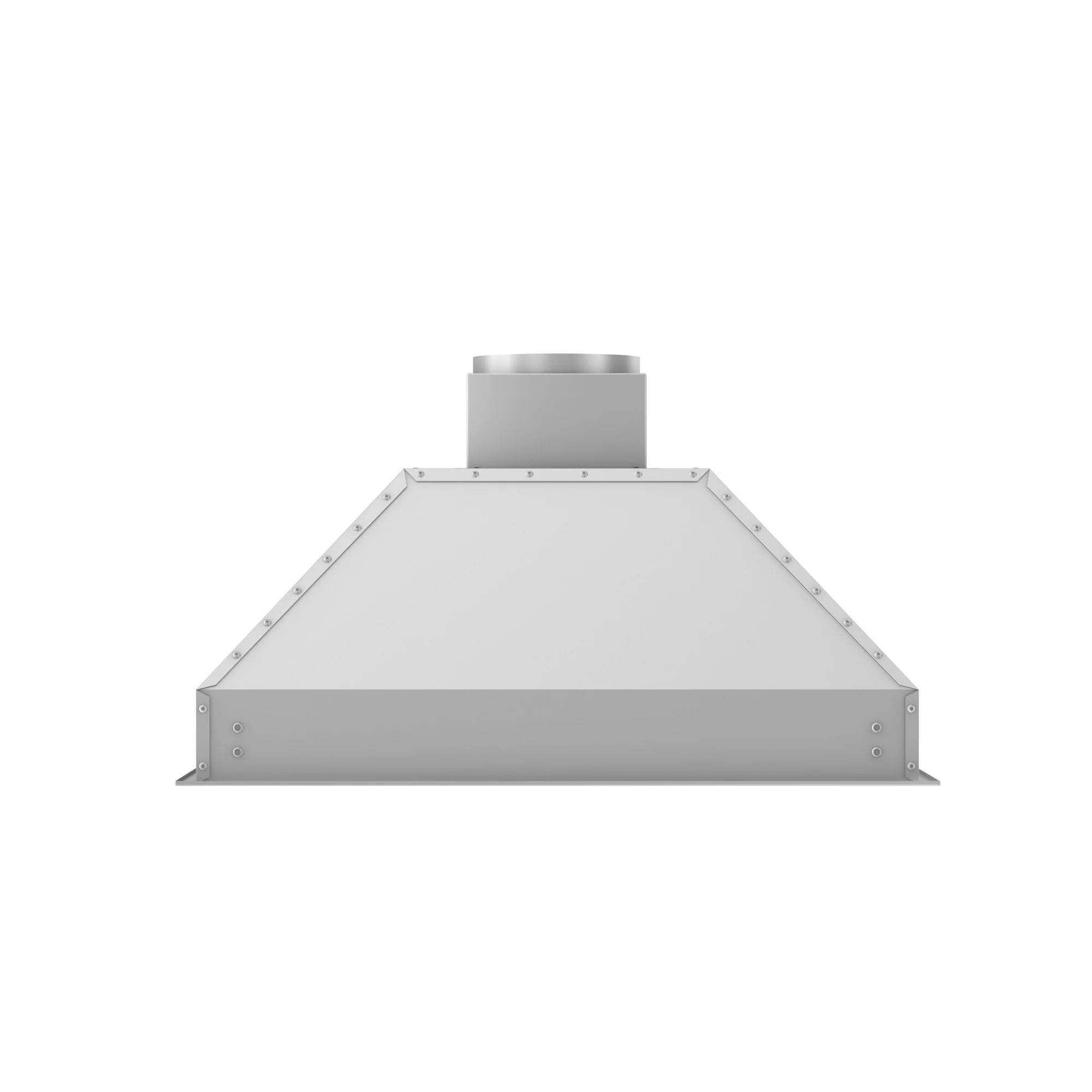Stainless steel range hood insert with round top duct outlet and angled side panels