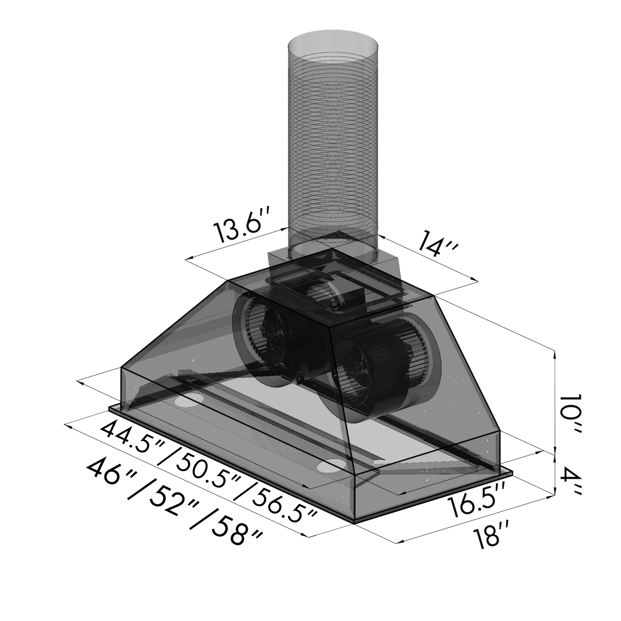 Range hood insert diagram showing dimensions and round duct collar