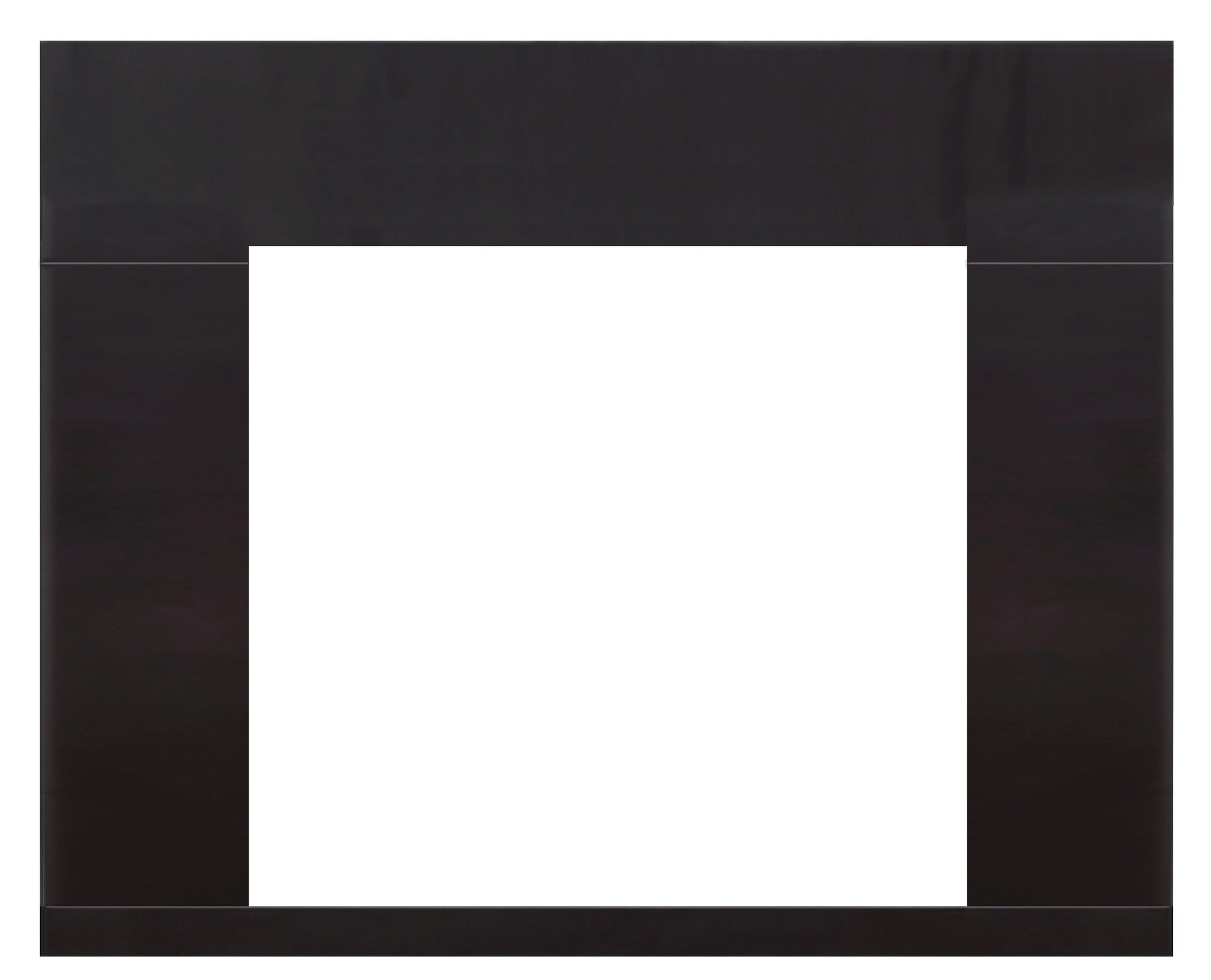 Square sample panel of dark fireplace installation trim with centered opening