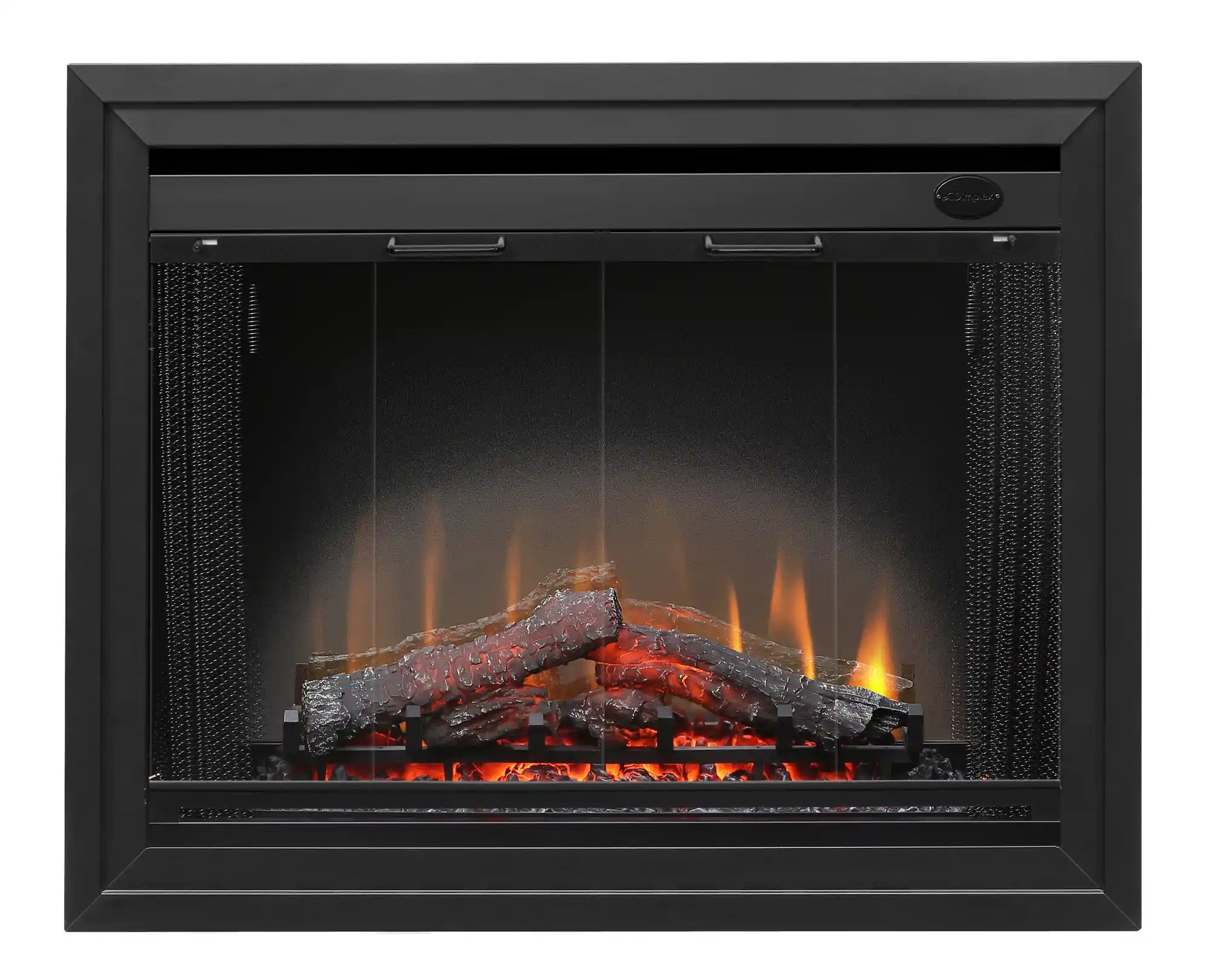 Black electric fireplace insert, front view with glass panel, glowing embers and flames