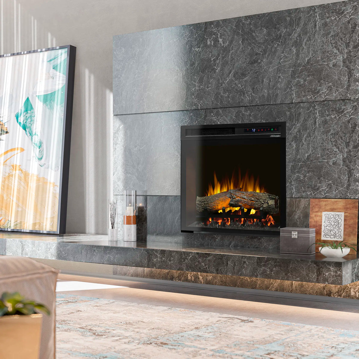 Wall-mounted black electric firebox showing ember bed, logs, and active flame effect