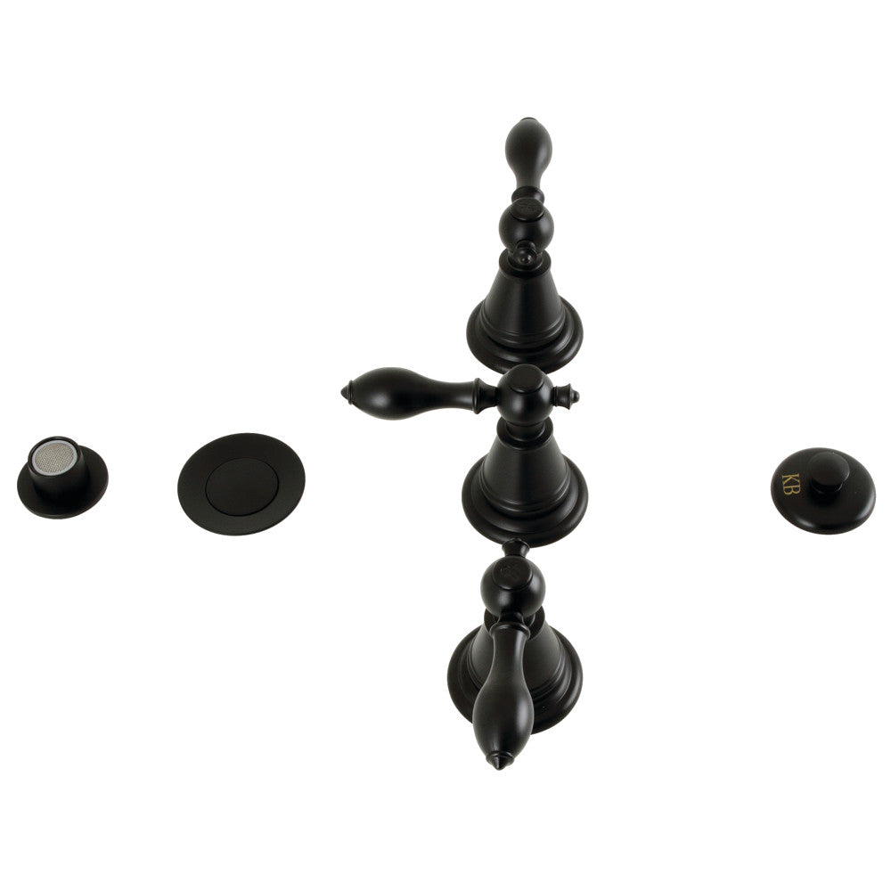 Matte black Victorian three-handle bidet faucet with pop-up and knob handles