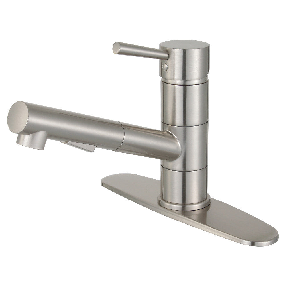 Brushed nickel single-handle pull-out kitchen faucet with tall spout and lever handle