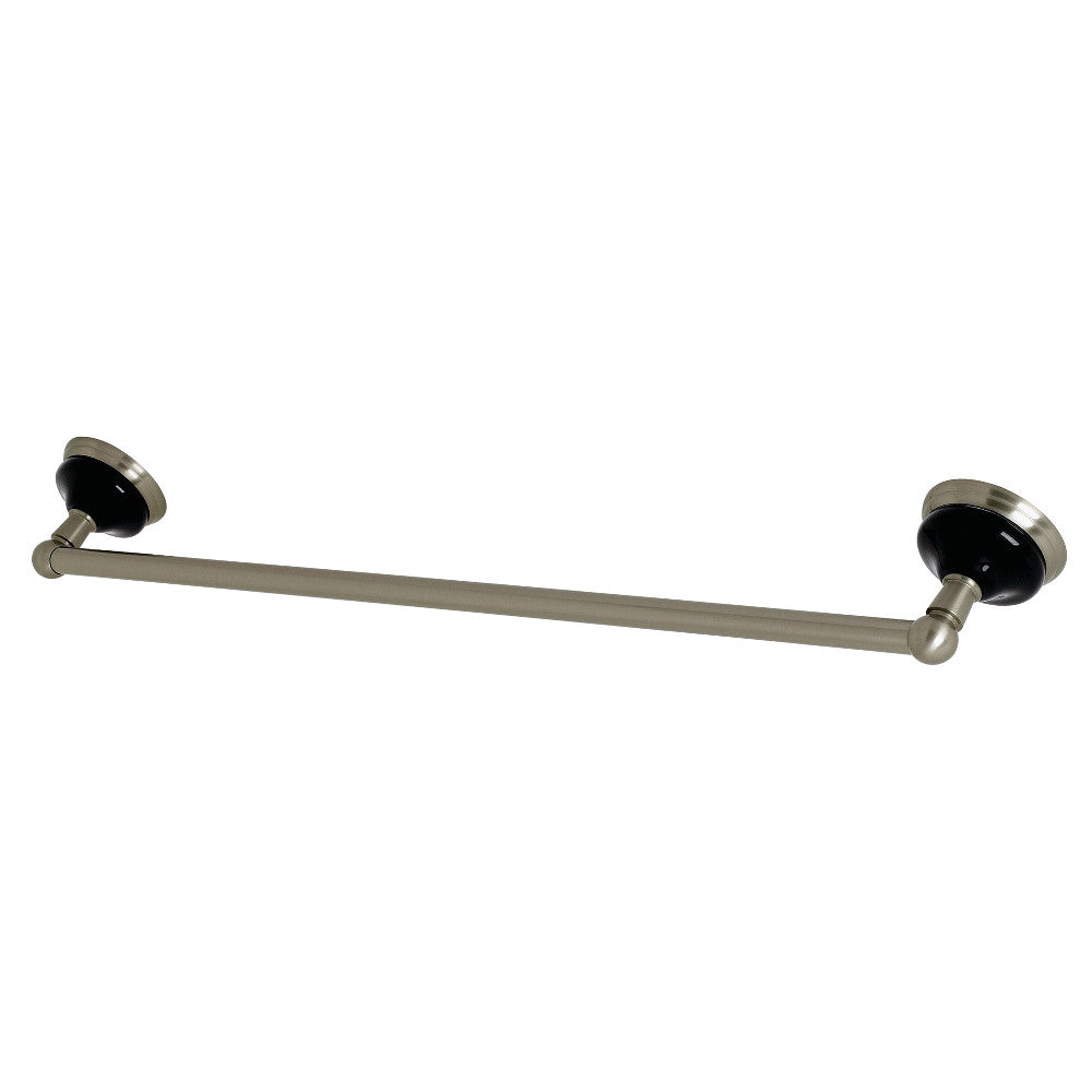 Brushed nickel single towel bar with two round wall mounts