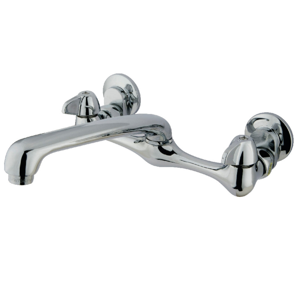 Polished chrome wall-mount bridge kitchen faucet with curved spout and two side handles
