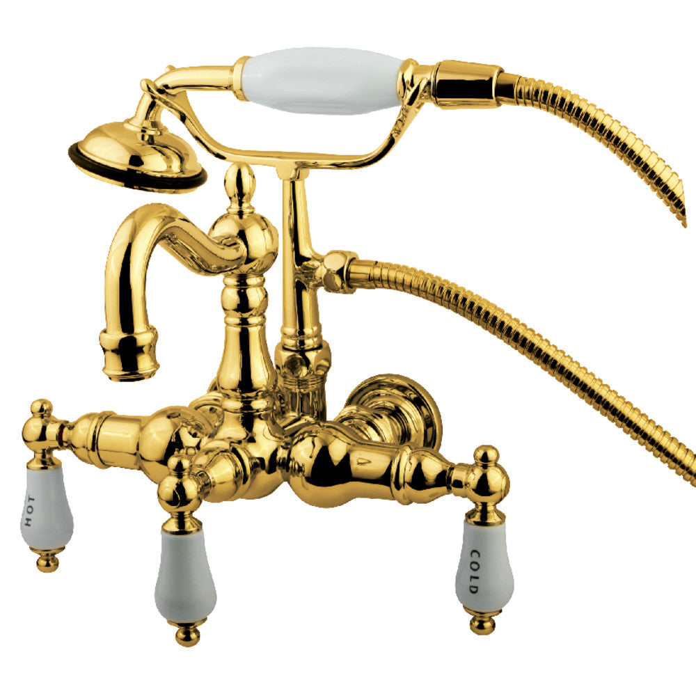Polished brass vintage wall-mount tub faucet with handheld shower and two knobs