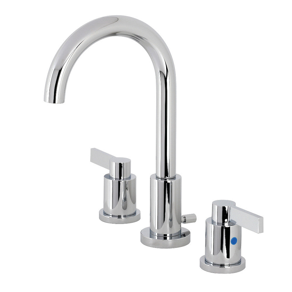 Polished chrome widespread bathroom faucet with curved spout and lever handles