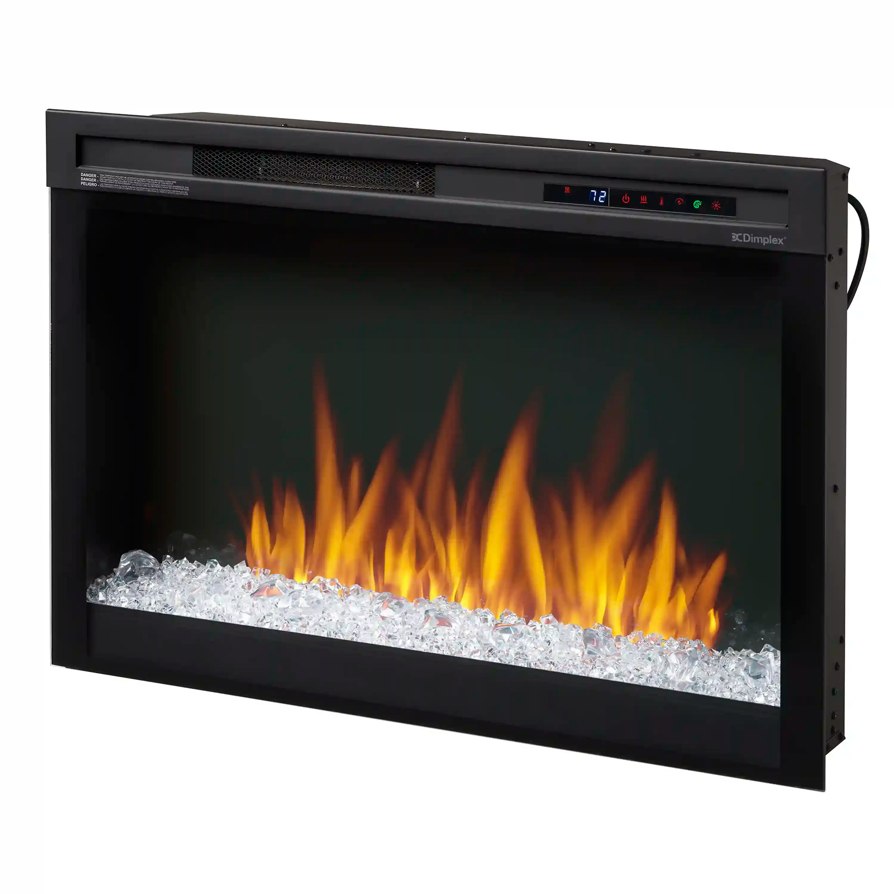 Side view of black plug-in electric firebox with flame effect and silver ember crystals