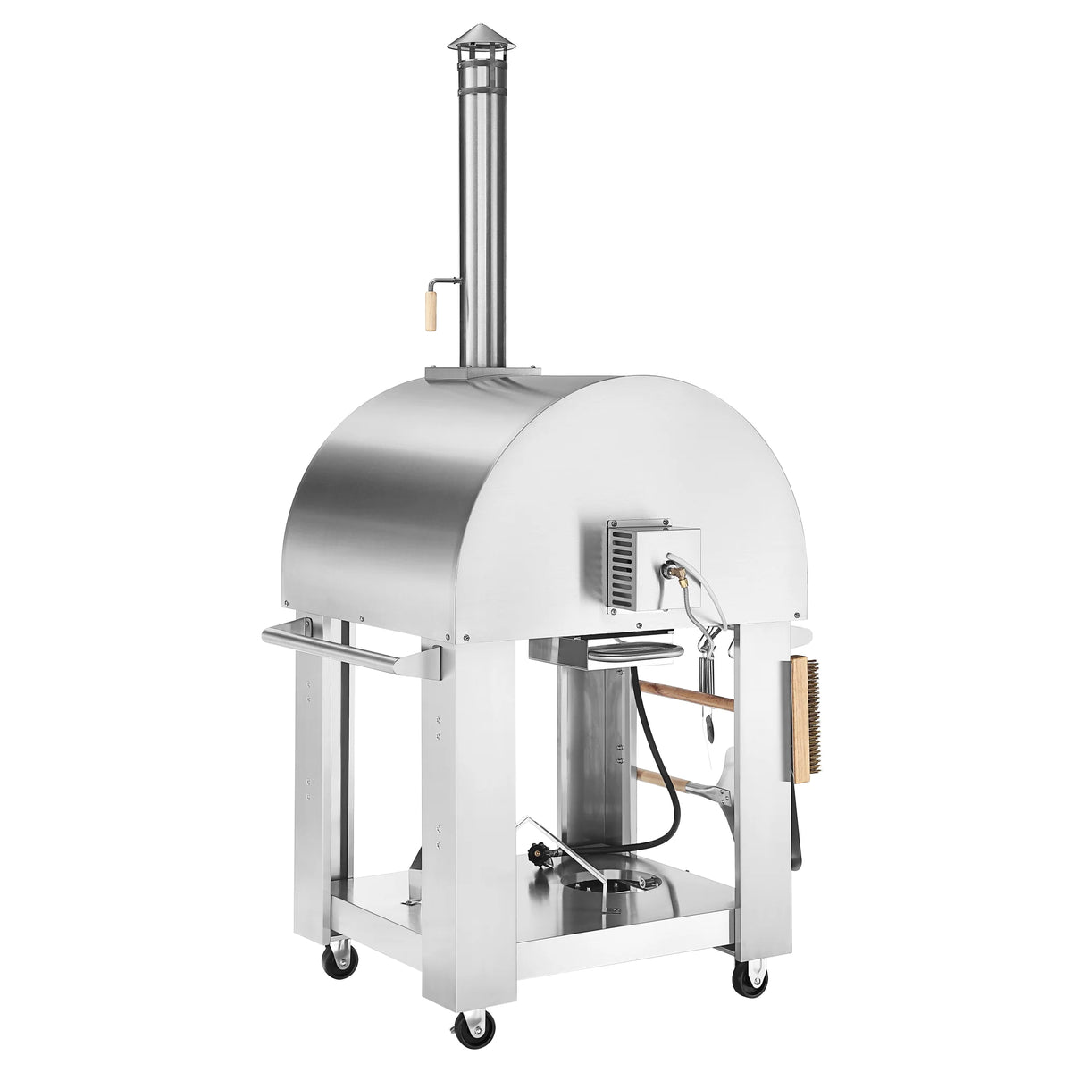 Stainless steel outdoor pizza oven showing side access panel and chimney above