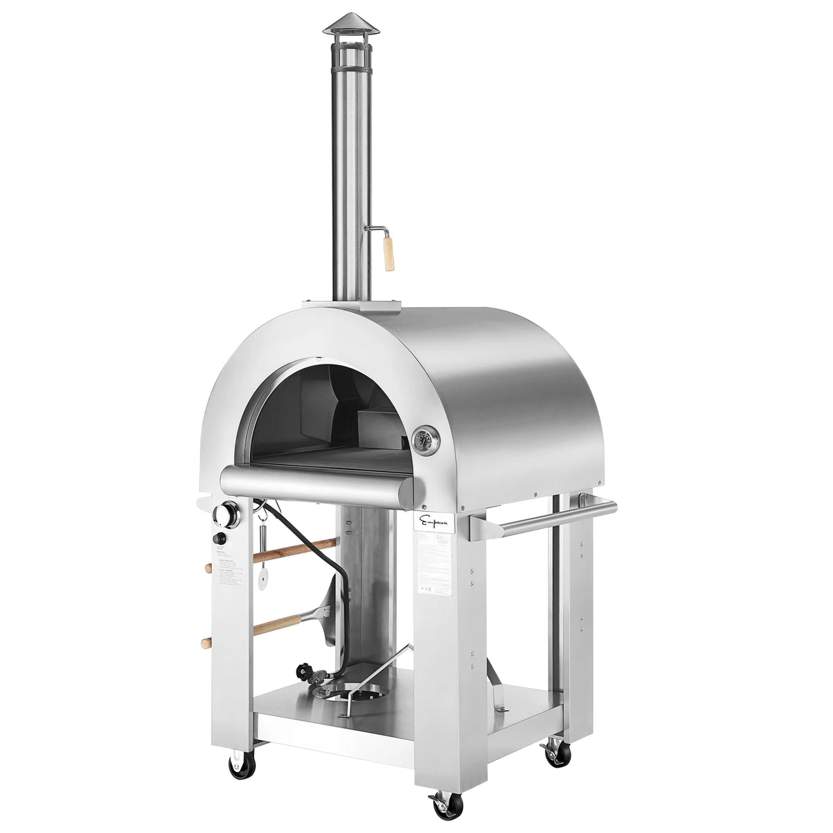 Outdoor pizza oven with stainless steel hood, arched firebox opening, and front handle