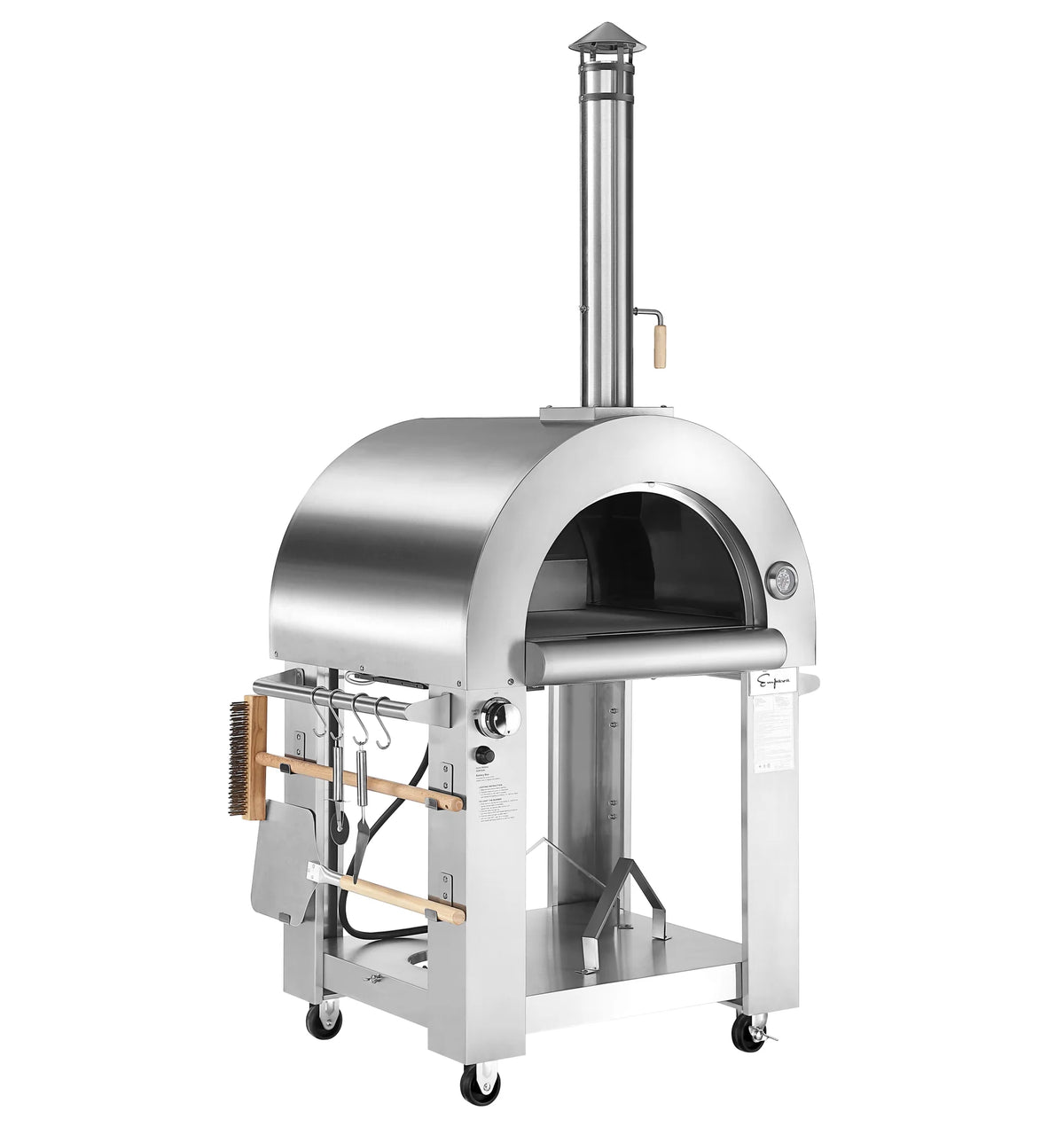 Stainless steel outdoor wood and gas pizza oven with open arch doorway and side panel
