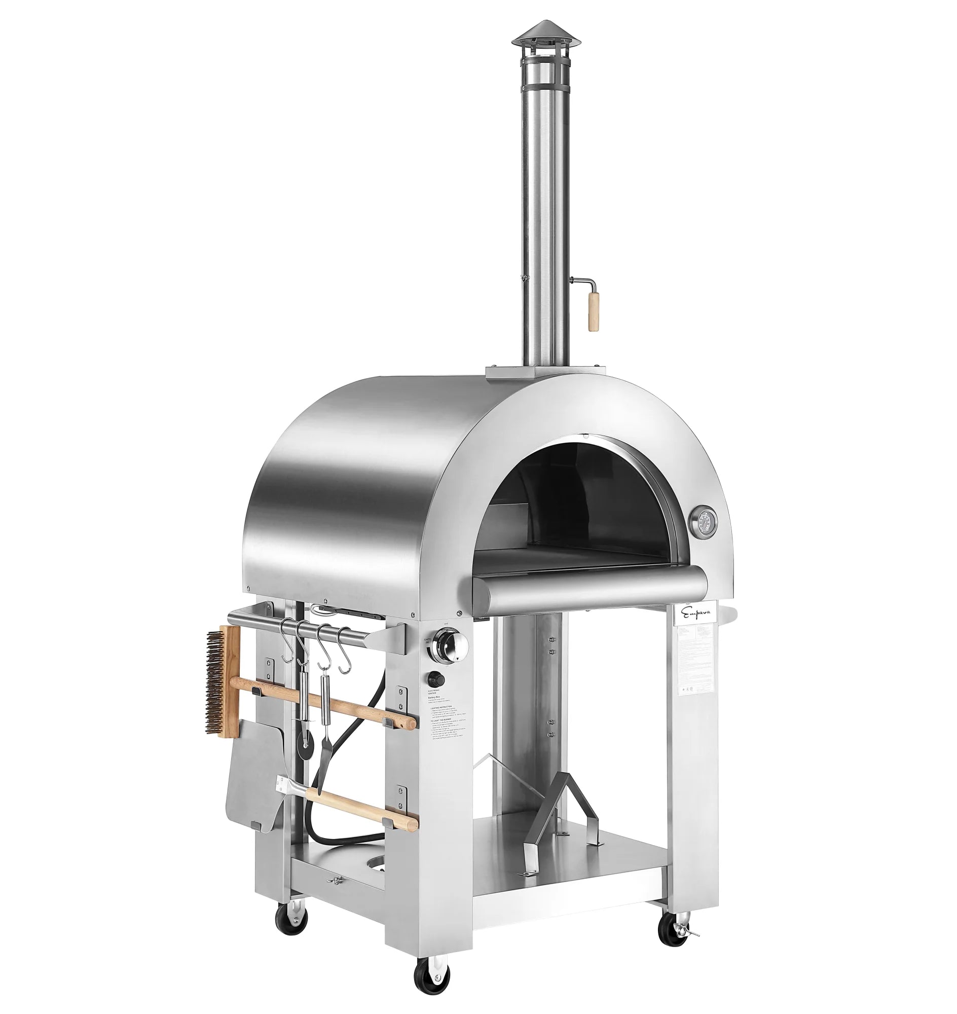 Outdoor wood-fired pizza oven with stainless steel shell, side tool rail, and wheel stand