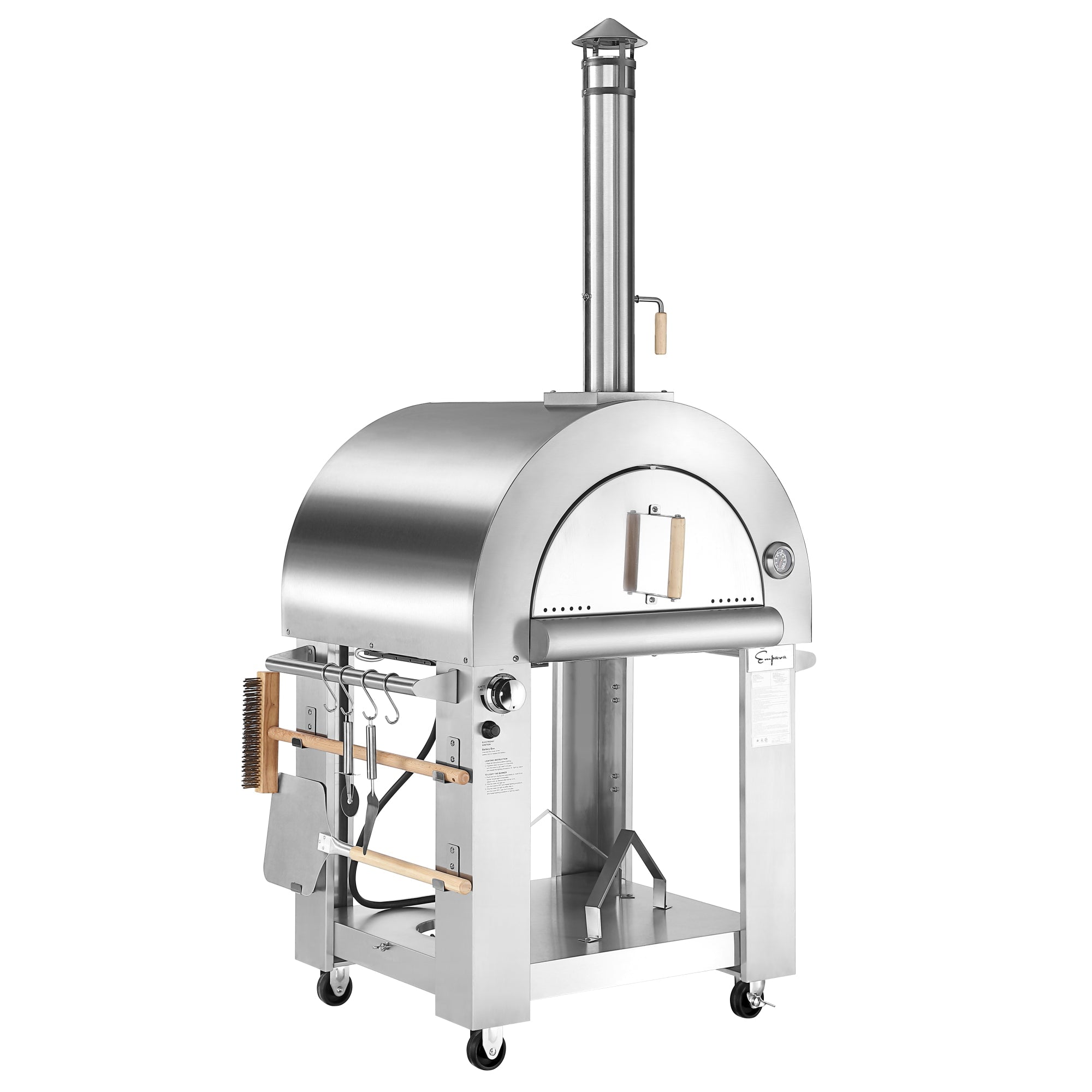 Stainless steel outdoor pizza oven with chimney stack and arched front door opening