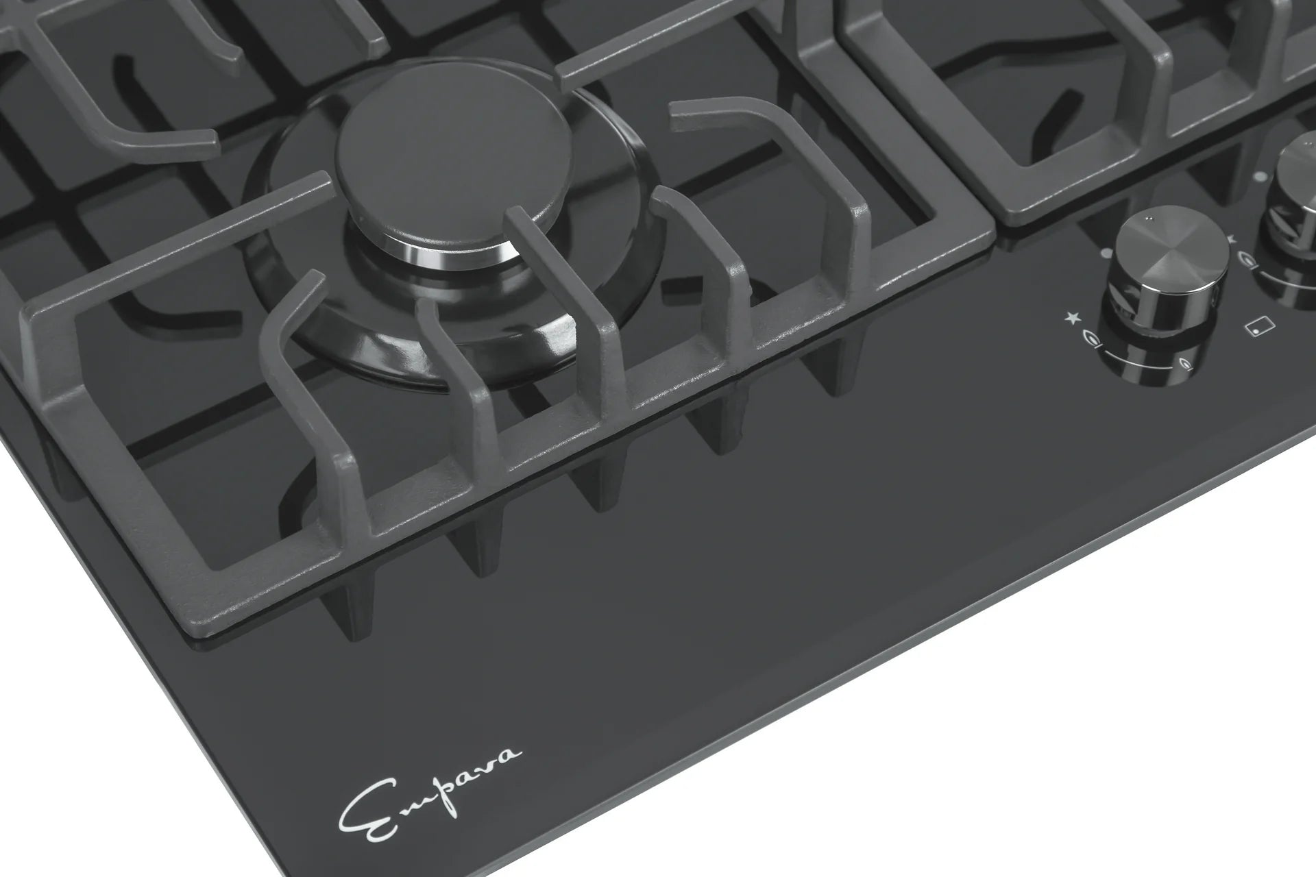 Black cooktop with burner caps and control knob on a cast-iron grate