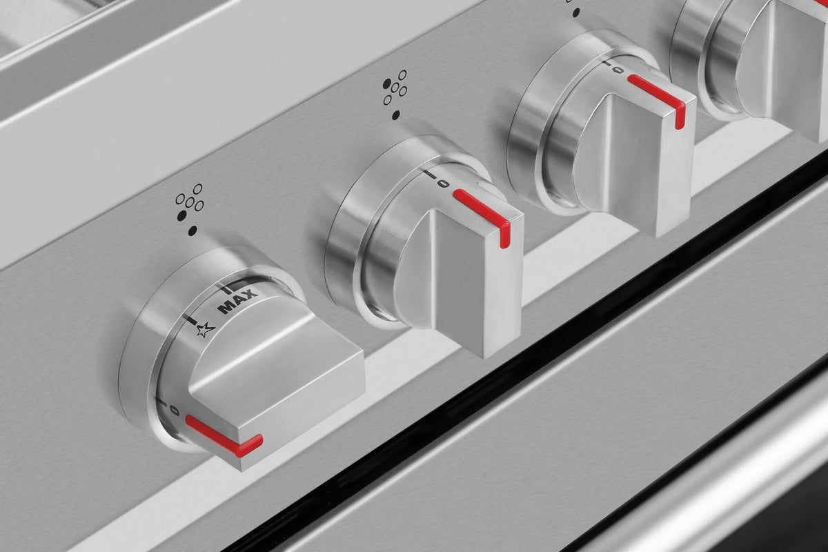 Stainless steel gas range control knobs with red indicator markings