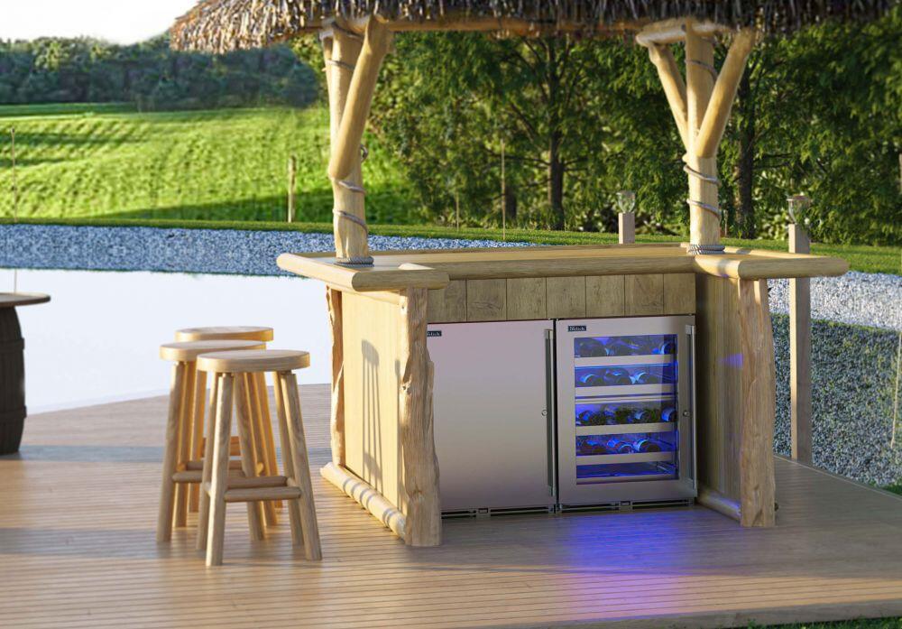 Integrated stainless steel wine cooler with glass door, blue-lit racks holding wine bottles