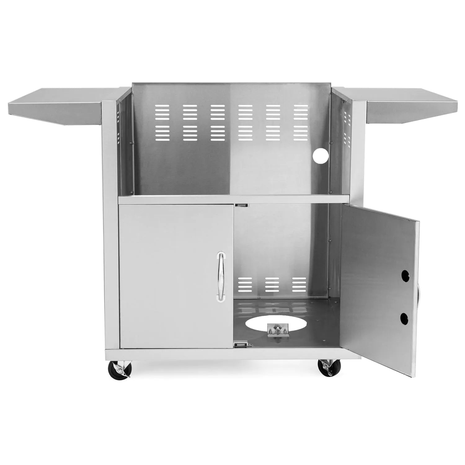 Stainless steel griddle cart with open side door, interior shelf, and casters