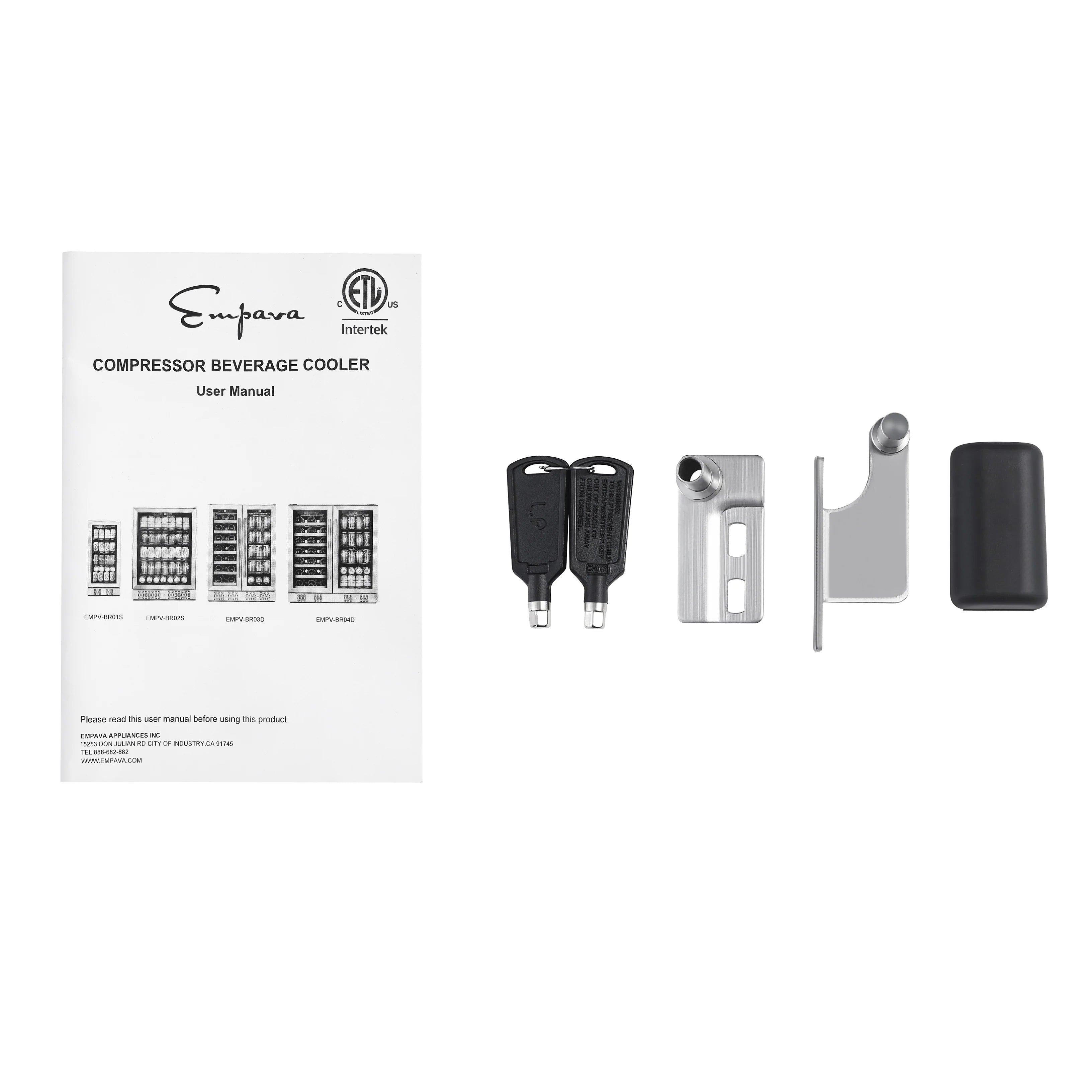 Wine cooler user manual and included accessories shown on a flat layout
