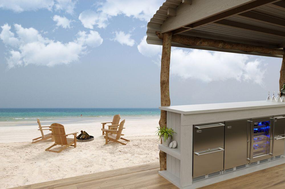 Built-in stainless drawer refrigerator unit with two front doors and handle bars