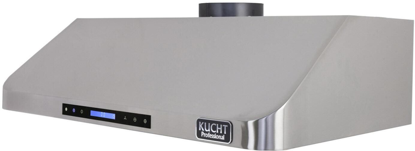Stainless steel under-cabinet range hood showing control buttons and curved chimney