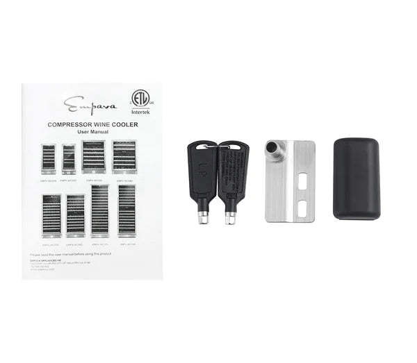 Wine cooler accessory kit with user manual, keys, and mounting parts