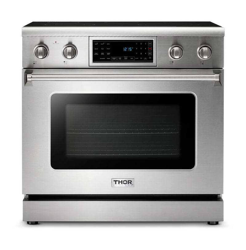 Thor Kitchen 2-Piece Appliance Package - 36-Inch Electric Range with Tilt Panel and Wall Mount Hood in Stainless Steel
