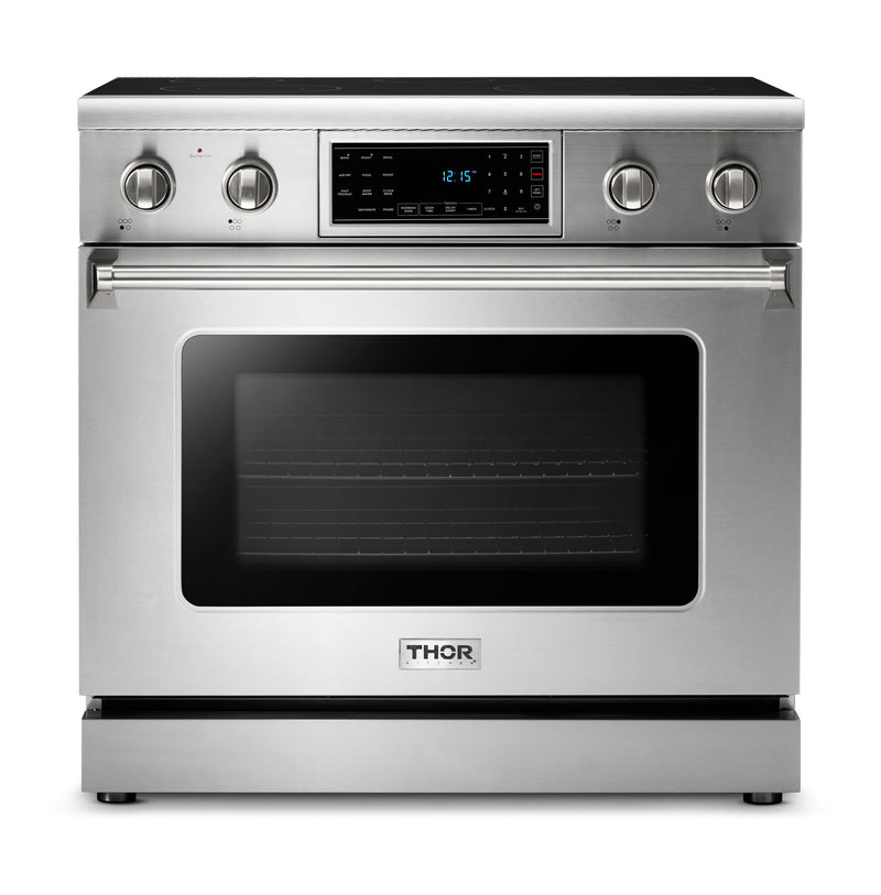 Thor Kitchen 4-Piece Appliance Package - 36-Inch Electric Range with Tilt Panel, Refrigerator with Water Dispenser, Under Cabinet Hood, & Dishwasher in Stainless Steel