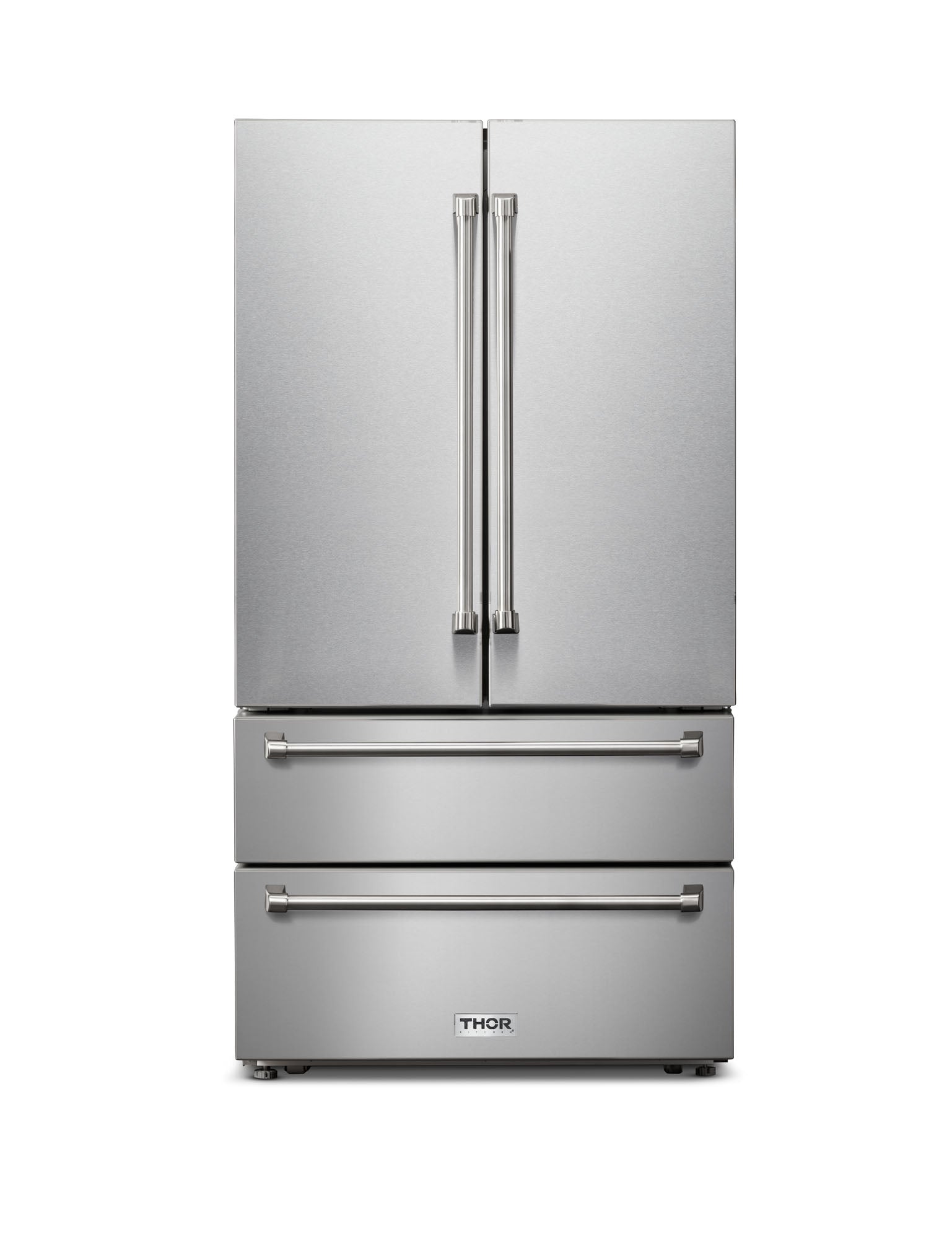 Stainless steel French door refrigerator with top freezer and two front drawers