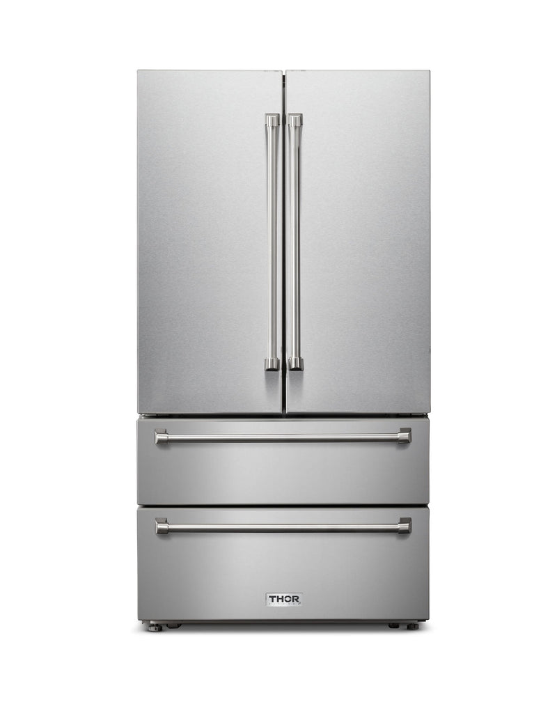 Thor Kitchen 5-Piece Appliance Package - 36-Inch Gas Range with Tilt Panel, French Door Refrigerator, Wall Mount Hood, Dishwasher, and Microwave Drawer in Stainless Steel
