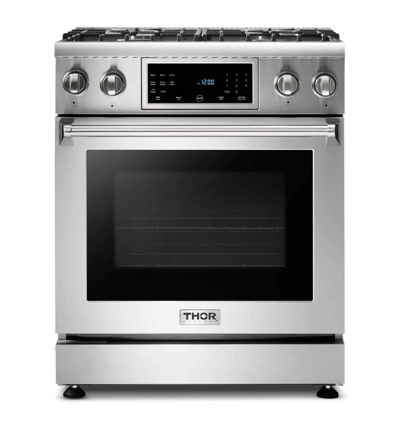 Stainless steel gas range with control panel and closed oven door