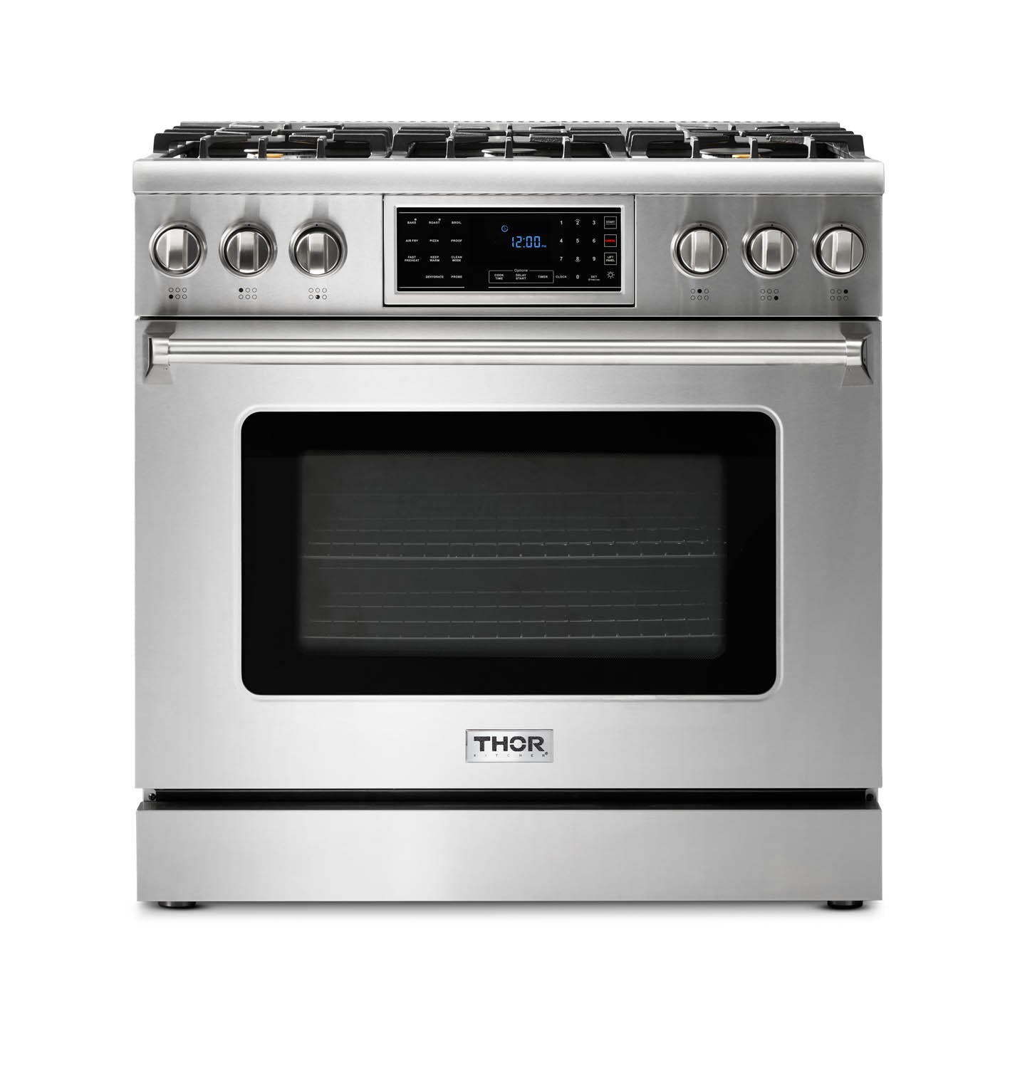Stainless steel gas range front with control knobs and black glass oven door