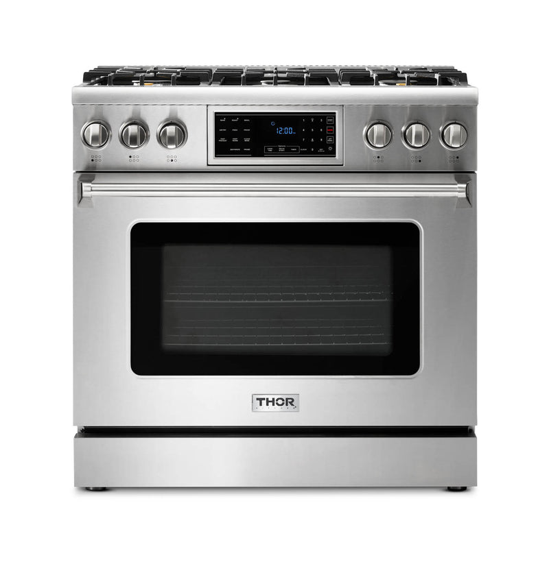 Thor Kitchen 5-Piece Appliance Package - 36-Inch Gas Range with Tilt Panel, French Door Refrigerator, Under Cabinet Hood, Dishwasher, and Wine Cooler in Stainless Steel