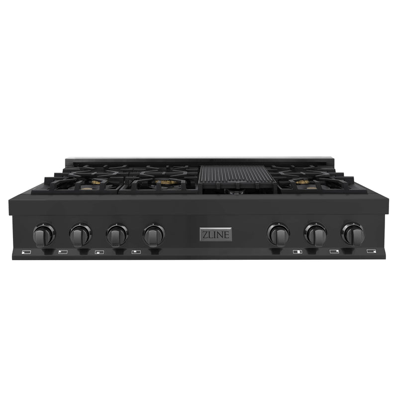 ZLINE 5-Piece Appliance Package - 48-Inch Rangetop with Brass Burners, Refrigerator, 30-Inch Electric Double Wall Oven, 3-Rack Dishwasher, and Convertible Wall Mount Hood in Black Stainless Steel (5KPR-RTBRH48-AWDDWV)