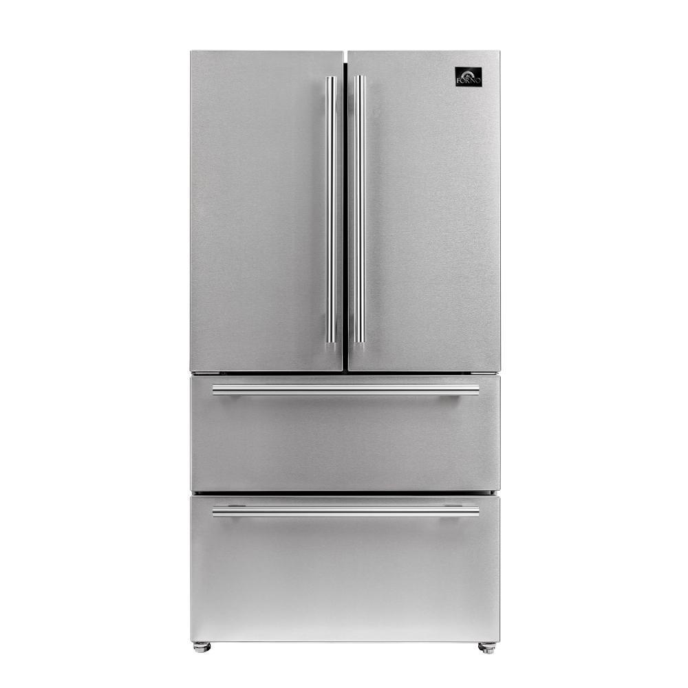 Stainless French-door refrigerator with two vertical handles and lower freezer