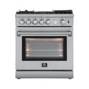 Forno 4-Piece Appliance Package - 30-Inch Gas Range with Air Fryer, Refrigerator, Wall Mount Hood with Backsplash, & 3-Rack Dishwasher in Stainless Steel