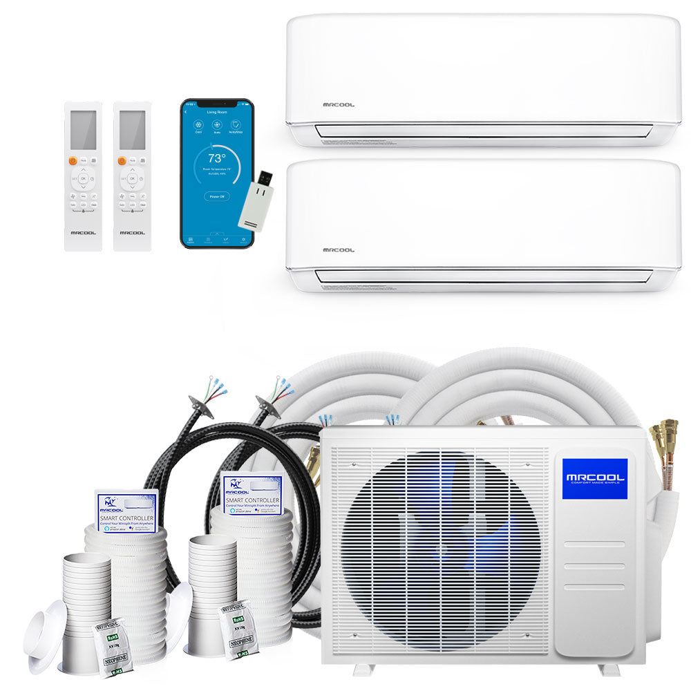 MRCOOL ductless mini split AC kit with two indoor units, outdoor unit, and line sets